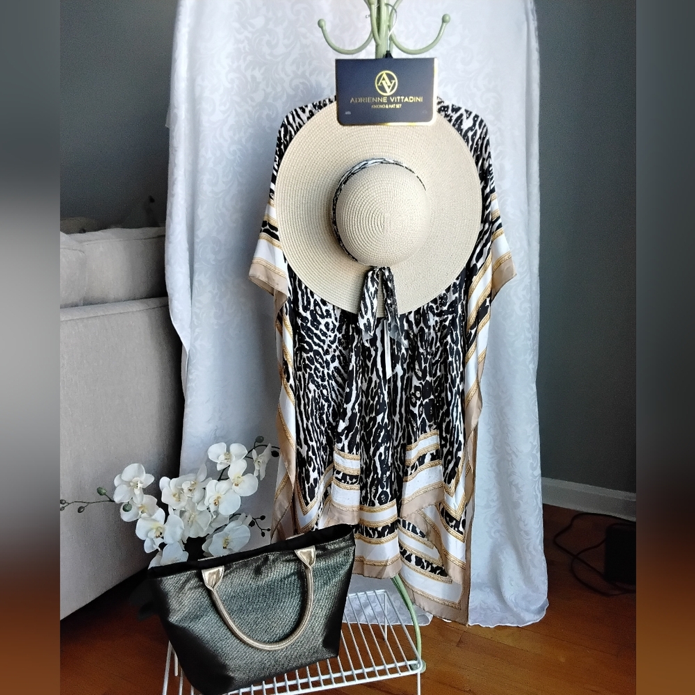 Adrienne Vittardini Resortwear Kimono & Hat Set w/free Tote - Picture 2 of 6